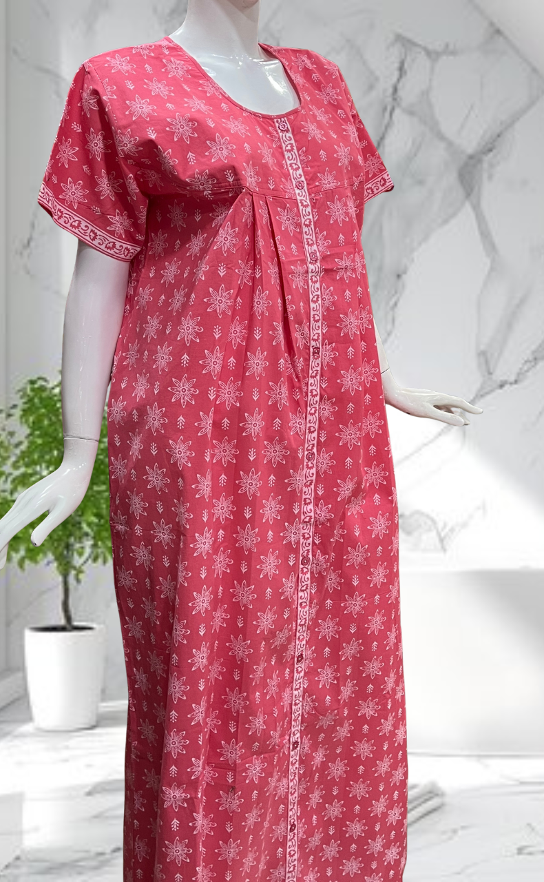 Pink Floral Full Open Pure Cotton Nighty. Pure Cotton | Laces and Frills