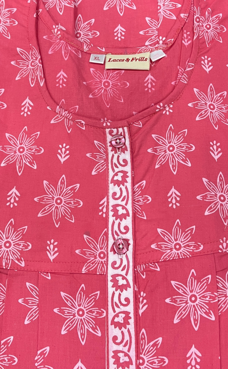 Pink Floral Full Open Pure Cotton Nighty. Pure Cotton | Laces and Frills