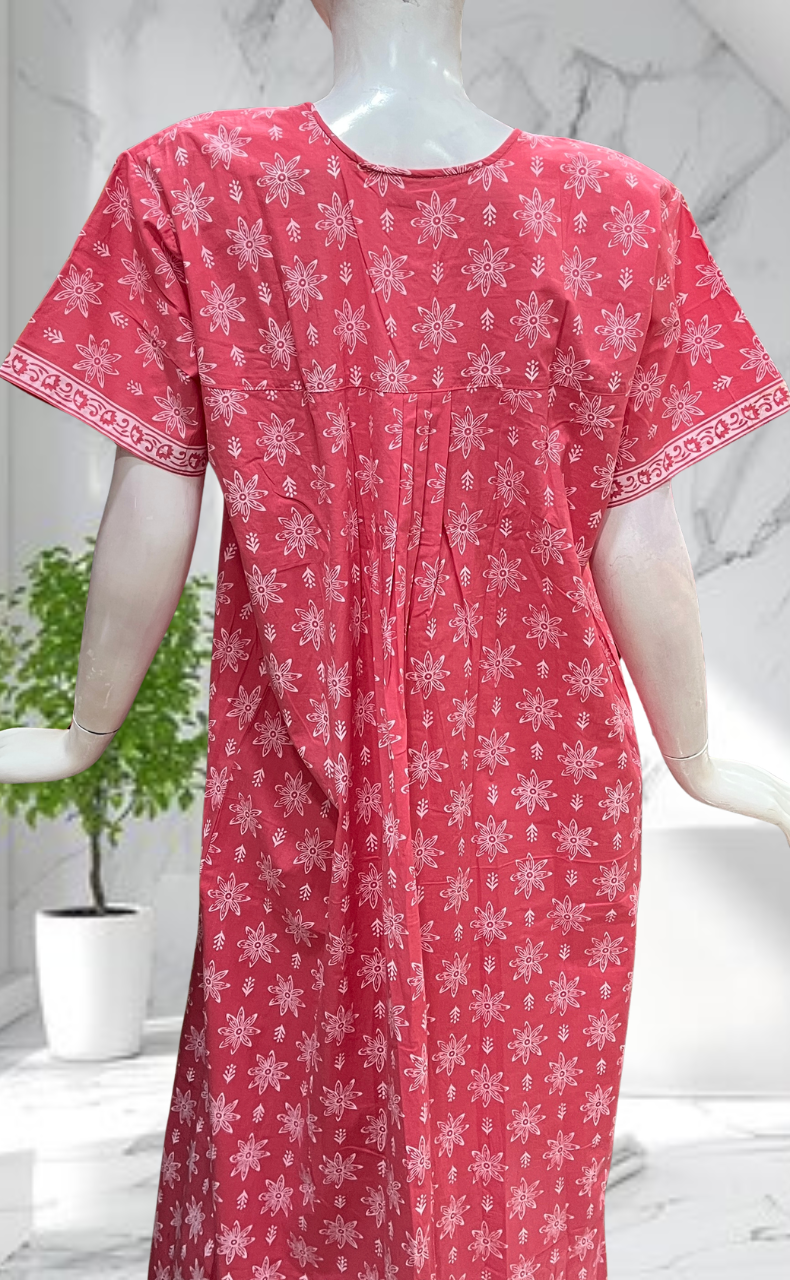Pink Floral Full Open Pure Cotton Nighty. Pure Cotton | Laces and Frills