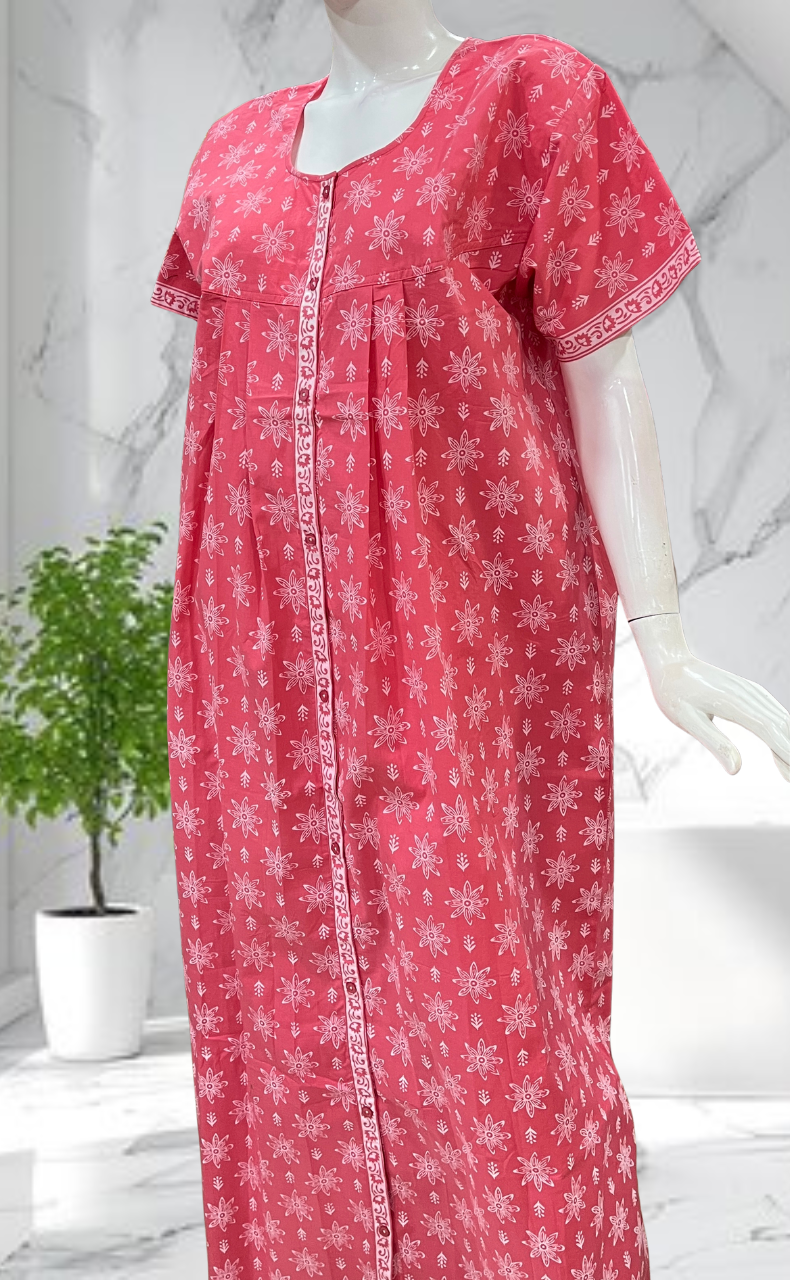 Pink Floral Full Open Pure Cotton Nighty. Pure Cotton | Laces and Frills