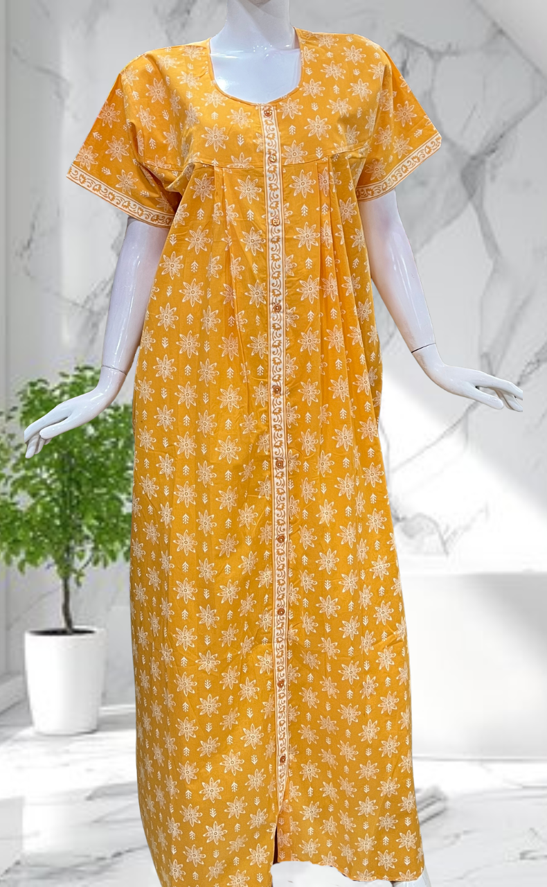 Yellow Floral Full Open Pure Cotton Nighty. Pure Cotton | Laces and Frills