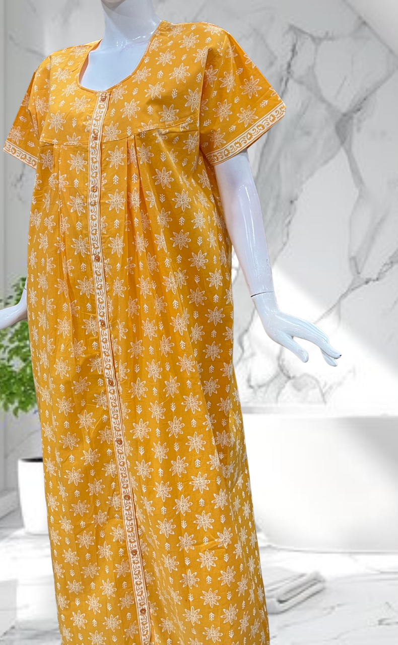 Yellow Floral Full Open Pure Cotton Nighty. Pure Cotton | Laces and Frills