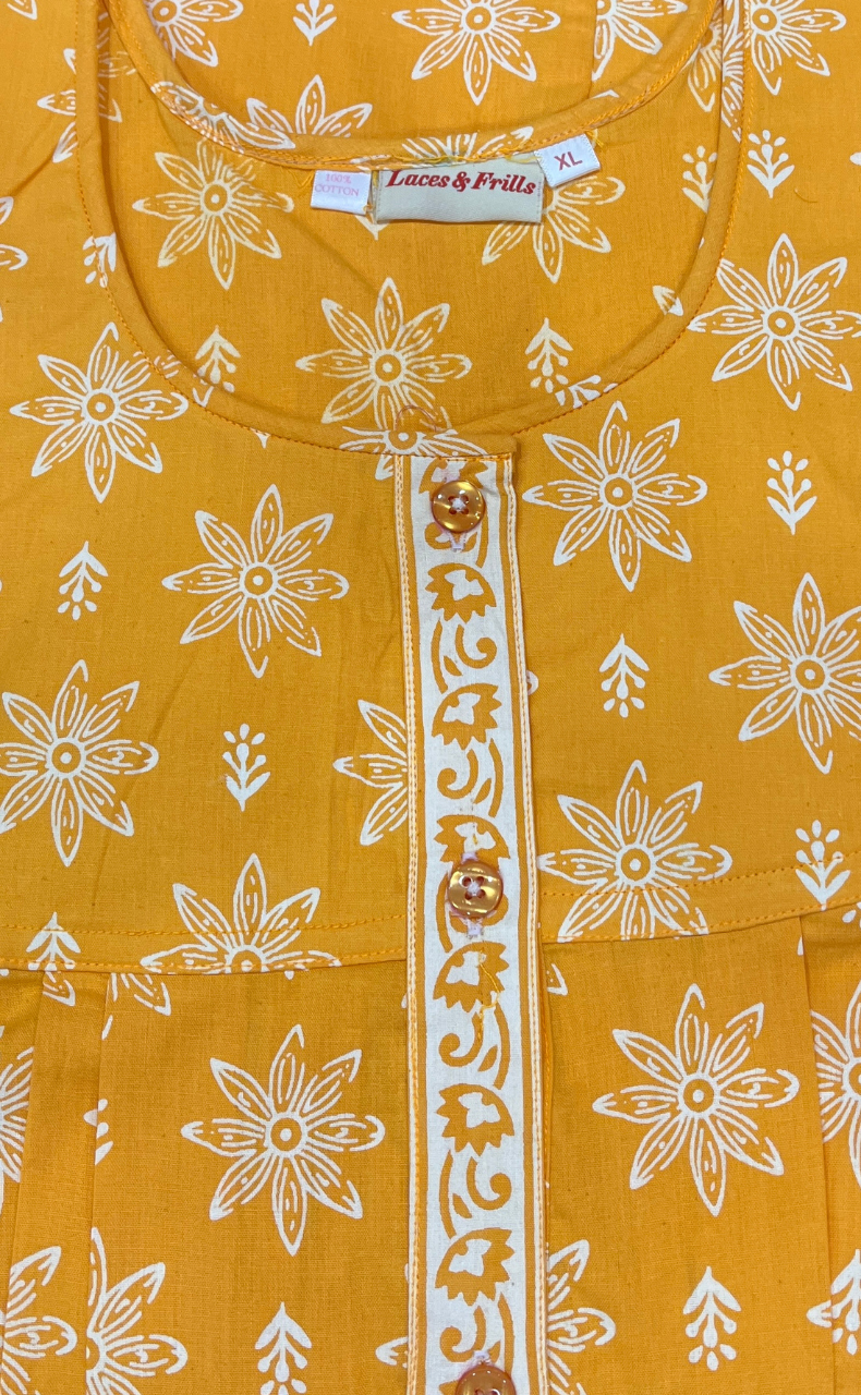 Yellow Floral Full Open Pure Cotton Nighty. Pure Cotton | Laces and Frills