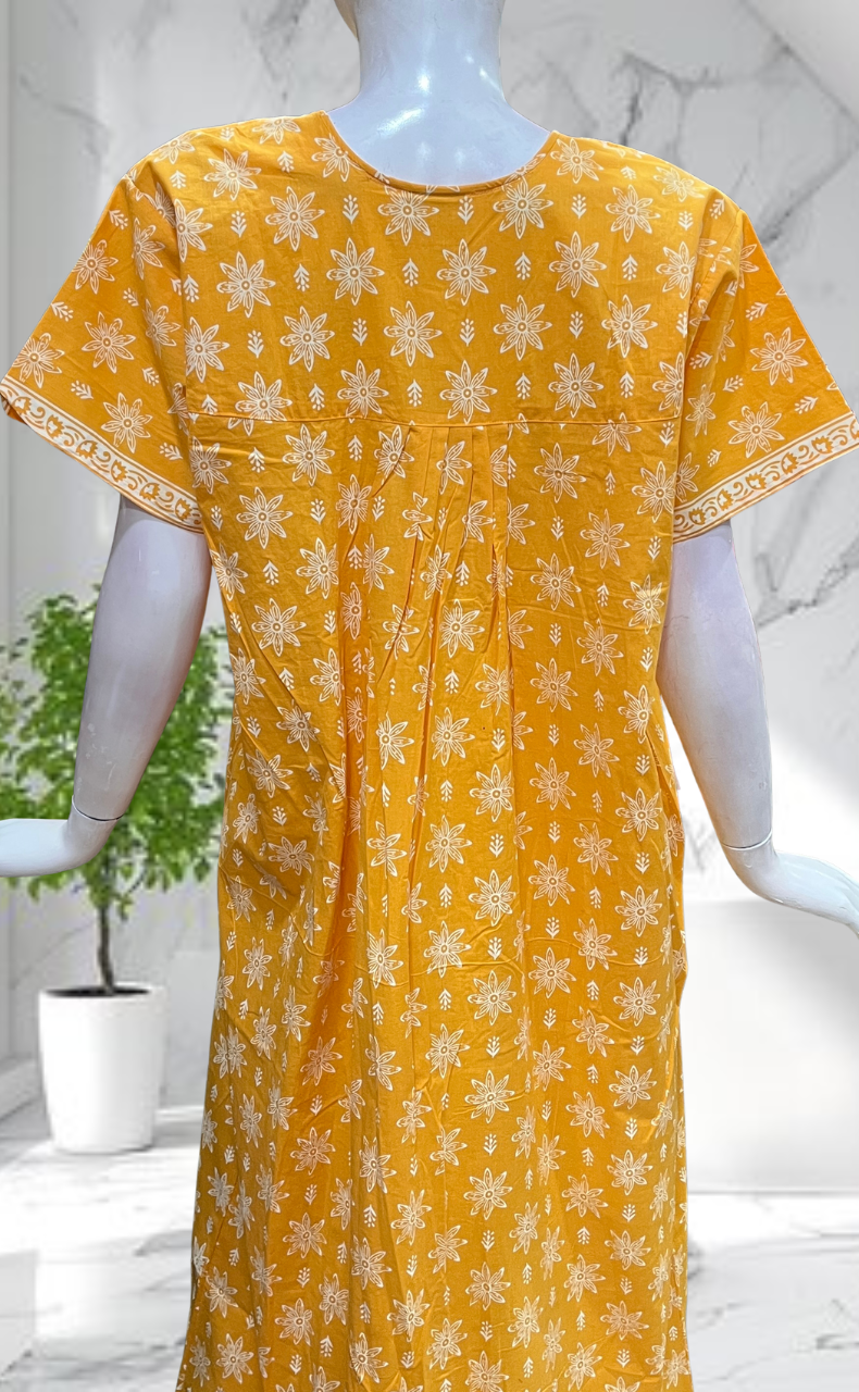 Yellow Floral Full Open Pure Cotton Nighty. Pure Cotton | Laces and Frills