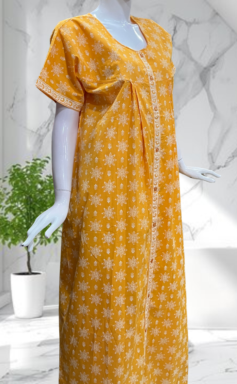 Yellow Floral Full Open Pure Cotton Nighty. Pure Cotton | Laces and Frills