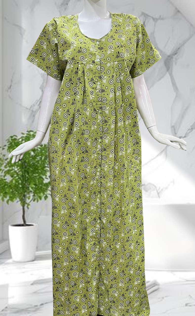 Lime Green Garden Full Open Pure Cotton Nighty. Pure Cotton | Laces and Frills