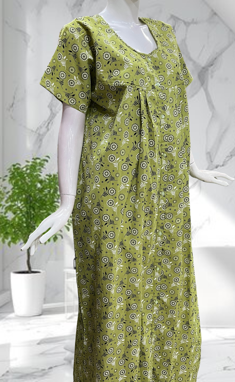 Lime Green Garden Full Open Pure Cotton Nighty. Pure Cotton | Laces and Frills