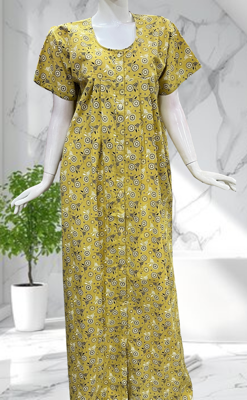 Yellow Garden Full Open Pure Cotton Nighty. Pure Cotton | Laces and Frills