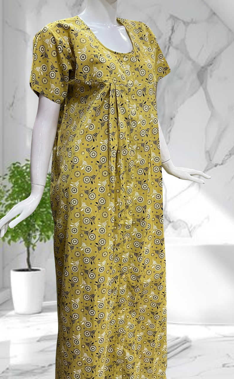 Yellow Garden Full Open Pure Cotton Nighty. Pure Cotton | Laces and Frills