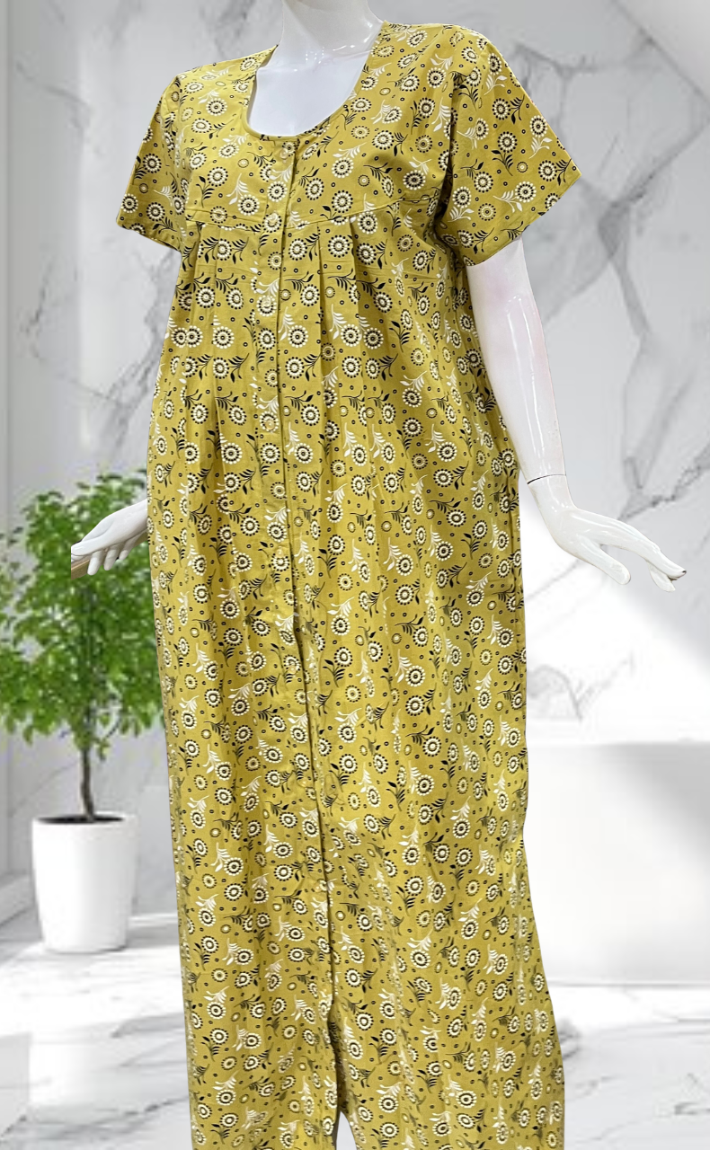 Yellow Garden Full Open Pure Cotton Nighty. Pure Cotton | Laces and Frills