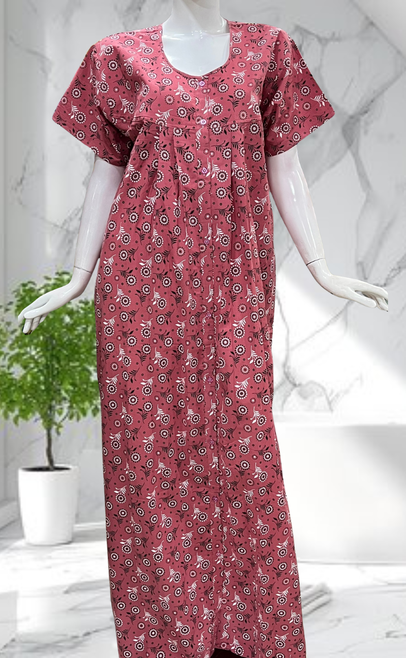 Pink Garden Full Open Pure Cotton Nighty. Pure Cotton | Laces and Frills - Laces and Frills