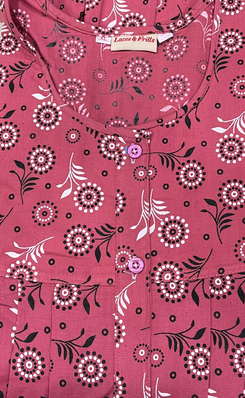 Pink Garden Full Open Pure Cotton Nighty. Pure Cotton | Laces and Frills - Laces and Frills