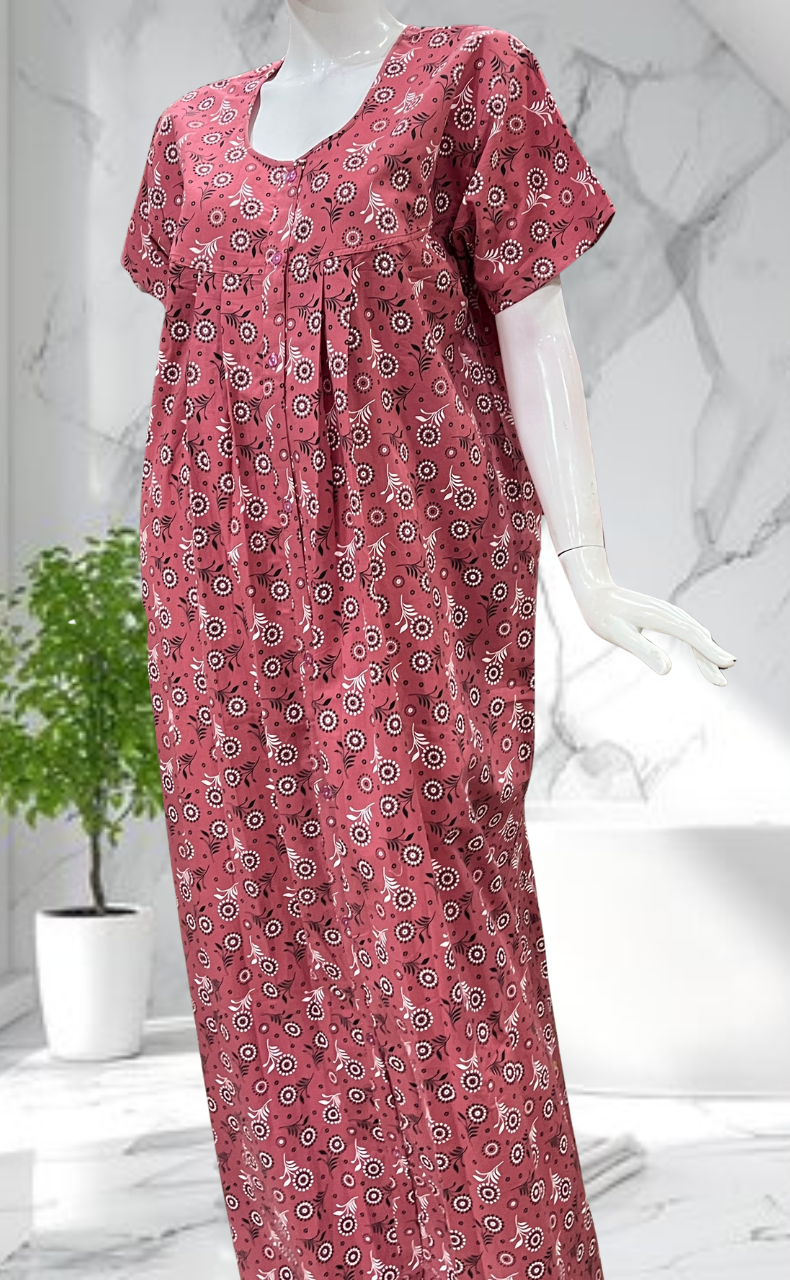 Pink Garden Full Open Pure Cotton Nighty. Pure Cotton | Laces and Frills - Laces and Frills