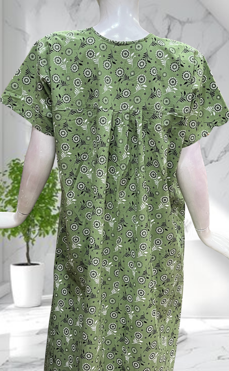 Pista Green Garden Full Open Pure Cotton Nighty. Pure Cotton | Laces and Frills - Laces and Frills