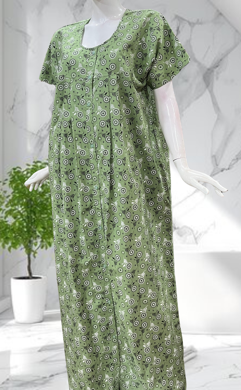 Pista Green Garden Full Open Pure Cotton Nighty. Pure Cotton | Laces and Frills - Laces and Frills