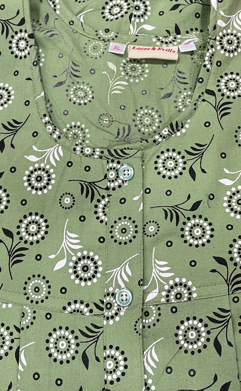 Pista Green Garden Full Open Pure Cotton Nighty. Pure Cotton | Laces and Frills - Laces and Frills