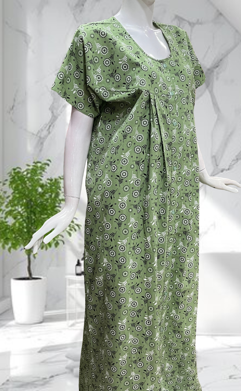 Pista Green Garden Full Open Pure Cotton Nighty. Pure Cotton | Laces and Frills - Laces and Frills