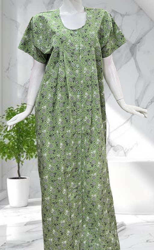 Pista Green Garden Full Open Pure Cotton Nighty. Pure Cotton | Laces and Frills - Laces and Frills