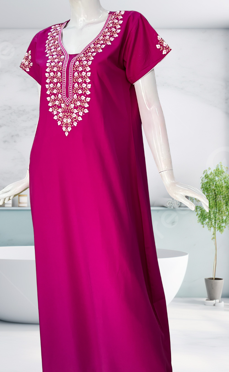 Pink Embroidery Soft Cotton Nighty. Soft Breathable Fabric | Laces and Frills - Laces and Frills