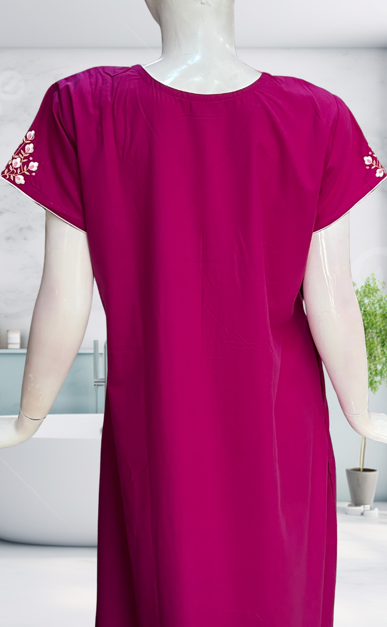 Pink Embroidery Soft Cotton Nighty. Soft Breathable Fabric | Laces and Frills - Laces and Frills