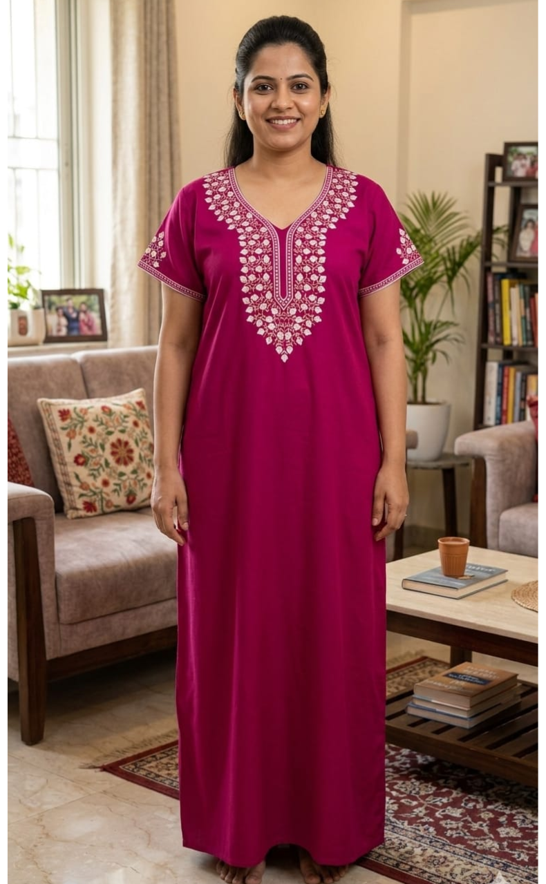 Pink Embroidery Soft Cotton Nighty. Soft Breathable Fabric | Laces and Frills - Laces and Frills