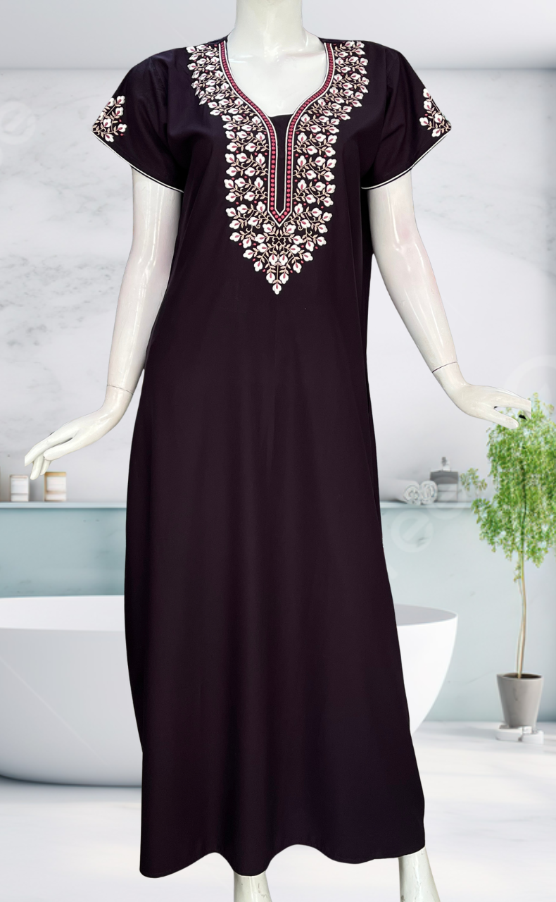 Dark Violet Embroidery Soft Cotton Nighty. Soft Breathable Fabric | Laces and Frills - Laces and Frills