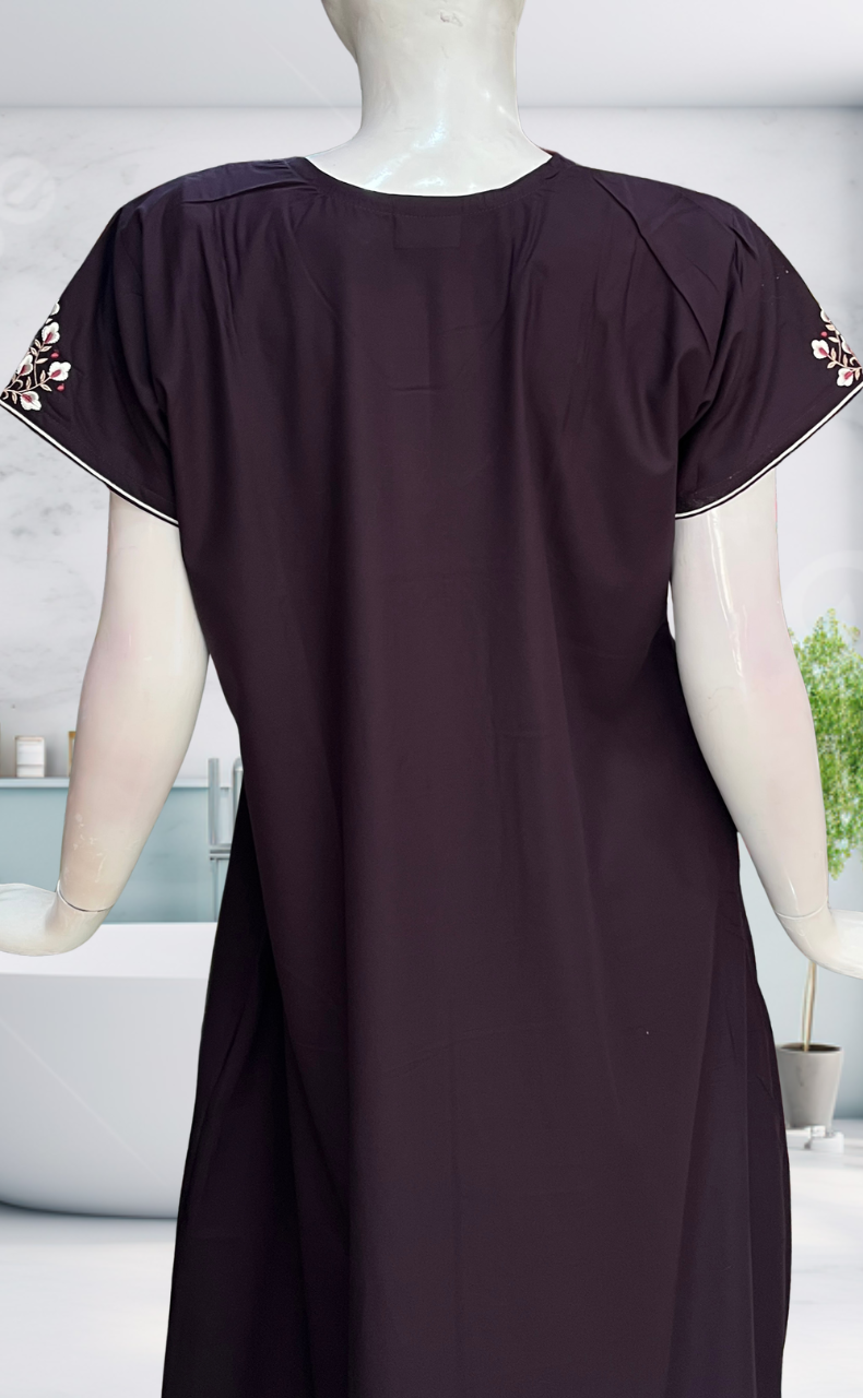 Dark Violet Embroidery Soft Cotton Nighty. Soft Breathable Fabric | Laces and Frills - Laces and Frills