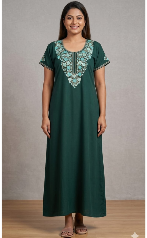 Bottle Green Embroidery Soft Cotton Nighty. Soft Breathable Fabric | Laces and Frills - Laces and Frills