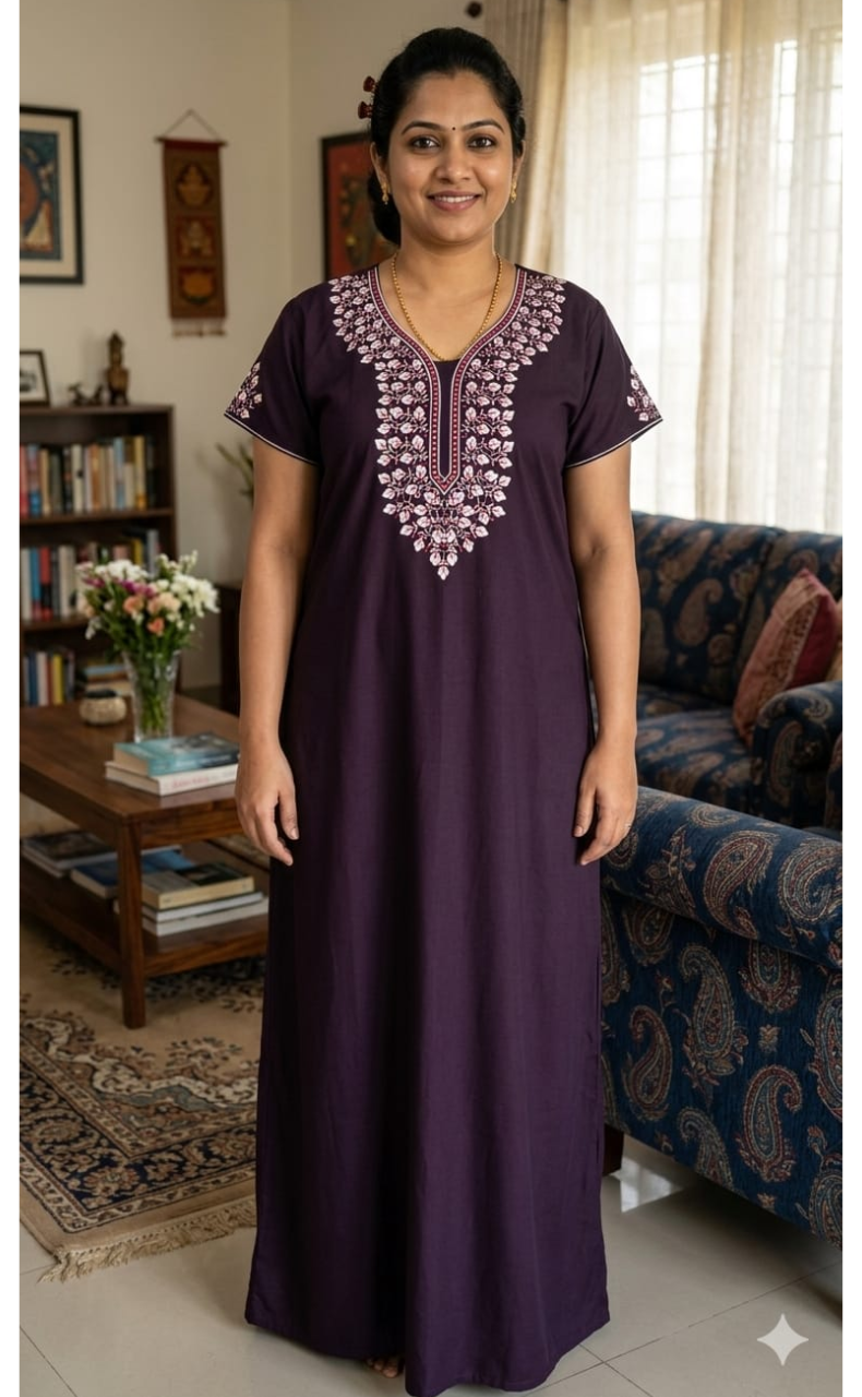 Dark Violet Embroidery Soft Cotton Nighty. Soft Breathable Fabric | Laces and Frills - Laces and Frills