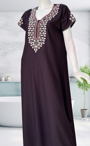Dark Violet Embroidery Soft Cotton Nighty. Soft Breathable Fabric | Laces and Frills - Laces and Frills