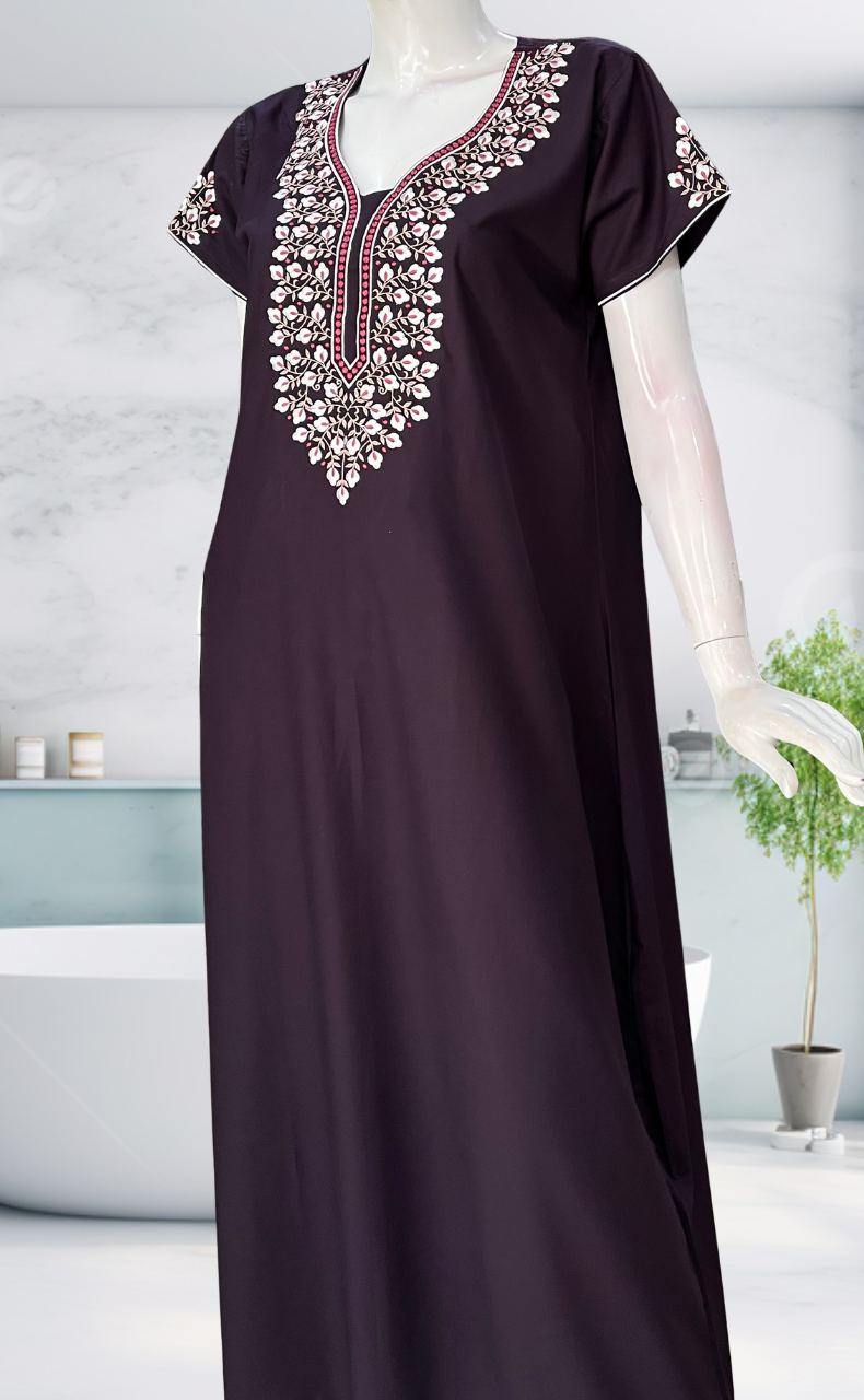 Dark Violet Embroidery Soft Cotton Nighty. Soft Breathable Fabric | Laces and Frills - Laces and Frills