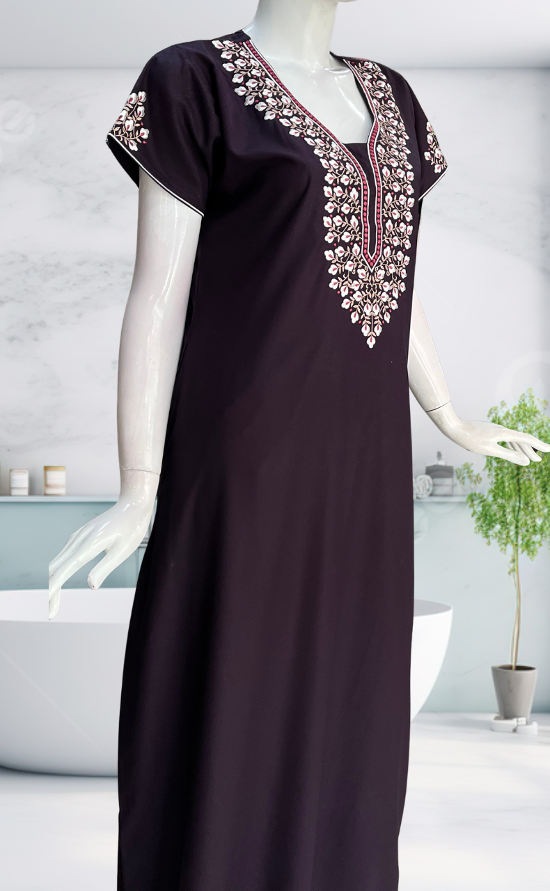 Dark Violet Embroidery Soft Cotton Nighty. Soft Breathable Fabric | Laces and Frills - Laces and Frills