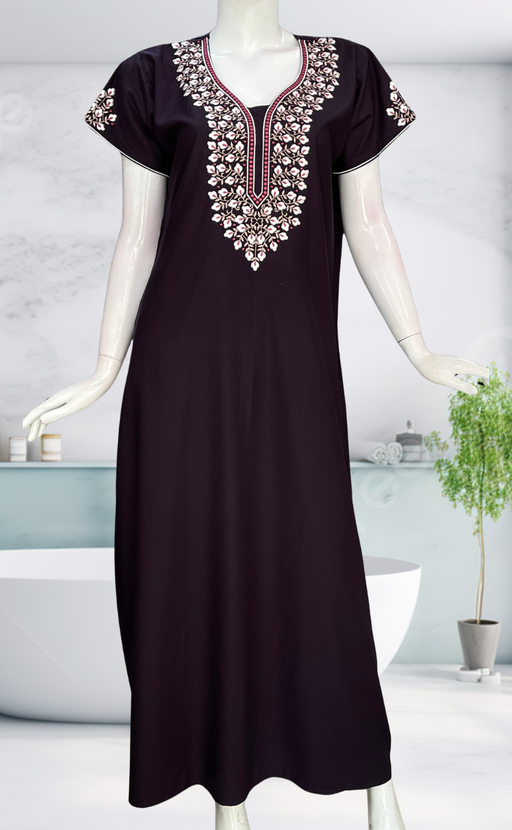 Dark Violet Embroidery Soft Cotton Nighty. Soft Breathable Fabric | Laces and Frills - Laces and Frills