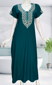 Teal Blue Embroidery Soft Cotton Nighty. Soft Breathable Fabric | Laces and Frills - Laces and Frills