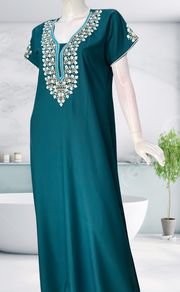 Teal Blue Embroidery Soft Cotton Nighty. Soft Breathable Fabric | Laces and Frills - Laces and Frills