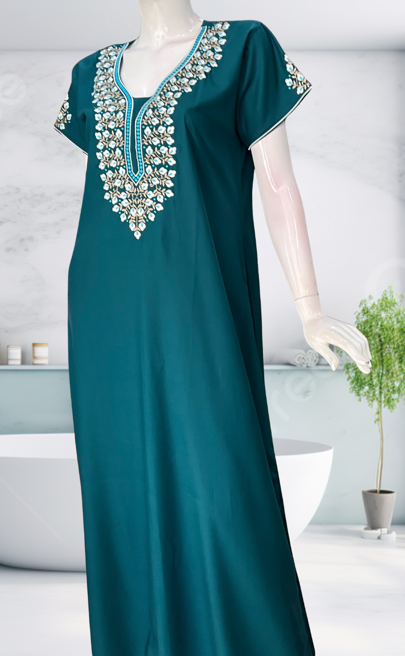 Teal Blue Embroidery Soft Cotton Nighty. Soft Breathable Fabric | Laces and Frills - Laces and Frills