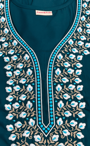 Teal Blue Embroidery Soft Cotton Nighty. Soft Breathable Fabric | Laces and Frills - Laces and Frills