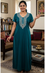 Teal Blue Embroidery Soft Cotton Nighty. Soft Breathable Fabric | Laces and Frills - Laces and Frills