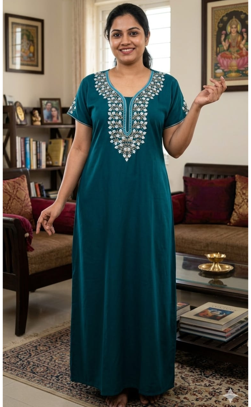 Teal Blue Embroidery Soft Cotton Nighty. Soft Breathable Fabric | Laces and Frills - Laces and Frills