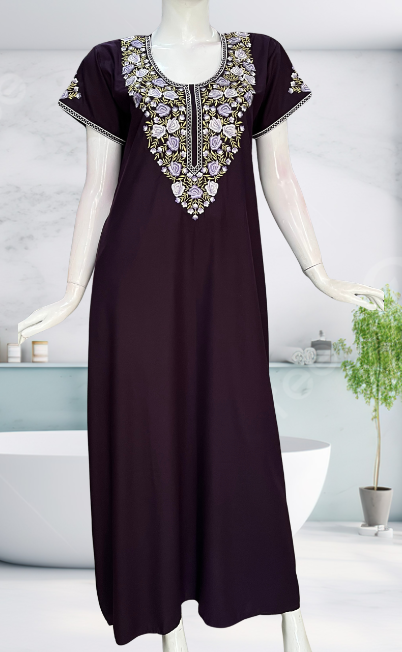 Dark Violet Embroidery Soft Cotton Nighty. Soft Breathable Fabric | Laces and Frills - Laces and Frills