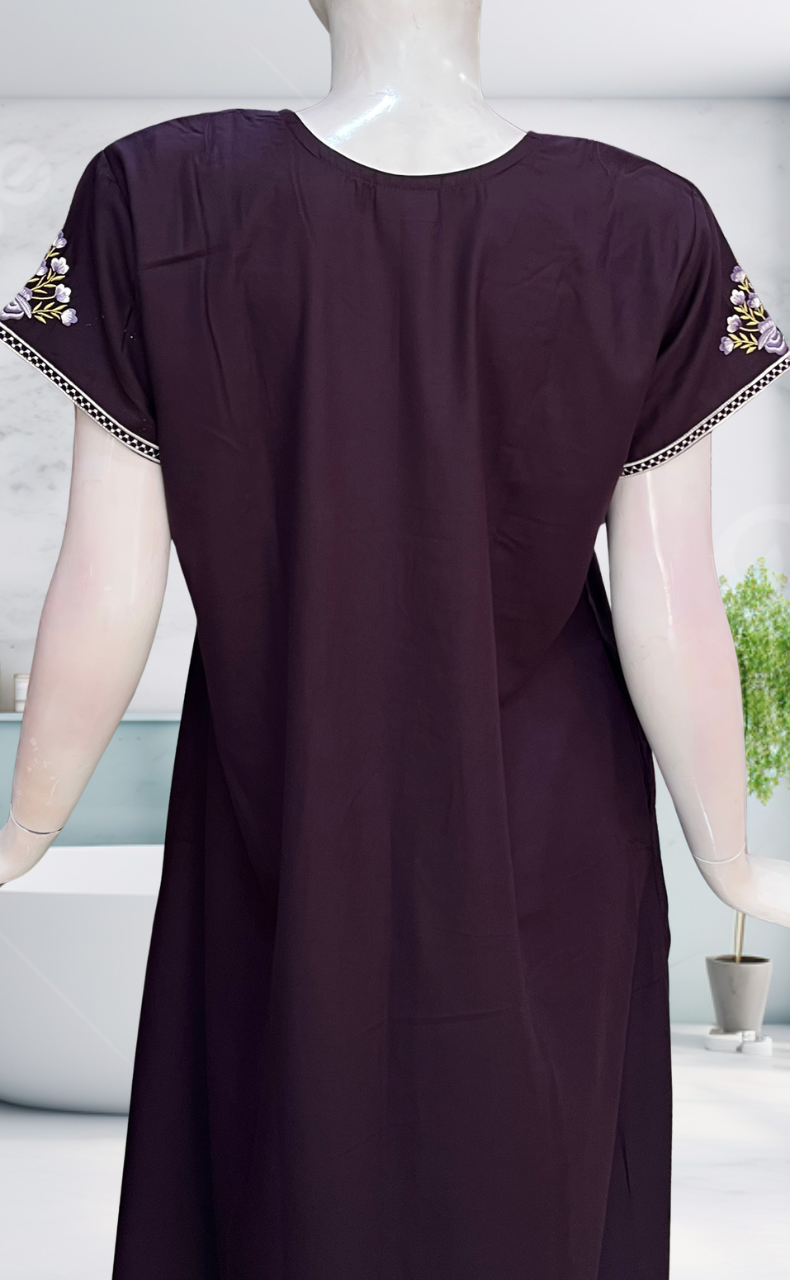 Dark Violet Embroidery Soft Cotton Nighty. Soft Breathable Fabric | Laces and Frills - Laces and Frills