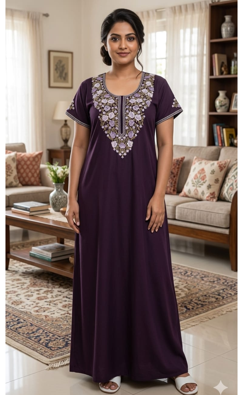 Dark Violet Embroidery Soft Cotton Nighty. Soft Breathable Fabric | Laces and Frills - Laces and Frills