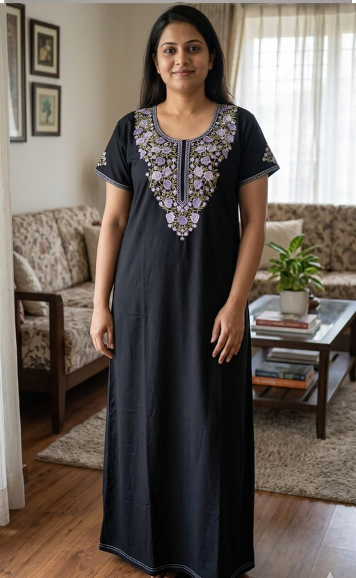 Black Embroidery Soft Cotton Nighty. Soft Breathable Fabric | Laces and Frills - Laces and Frills