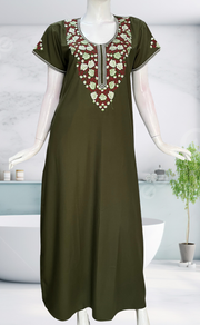 Olive Green Embroidery Soft Cotton Nighty. Soft Breathable Fabric | Laces and Frills - Laces and Frills