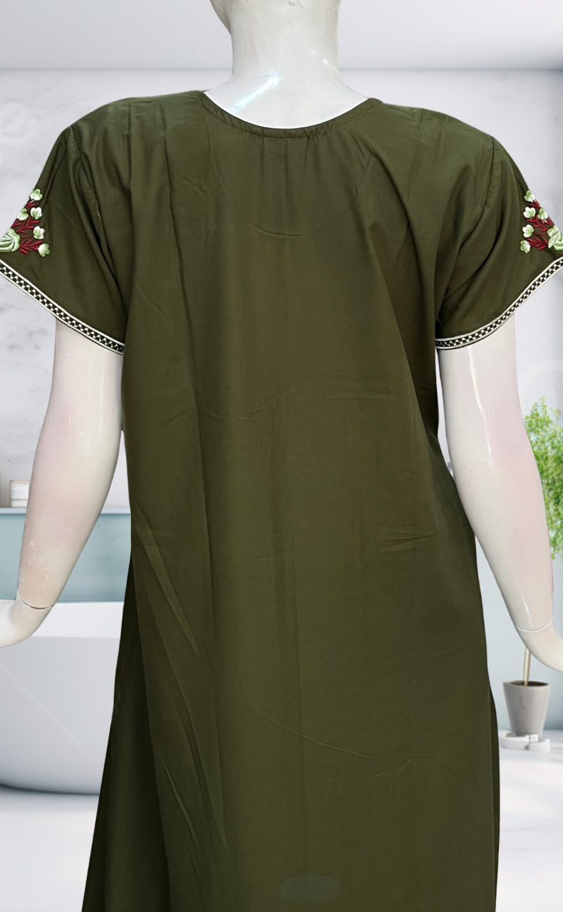 Olive Green Embroidery Soft Cotton Nighty. Soft Breathable Fabric | Laces and Frills - Laces and Frills