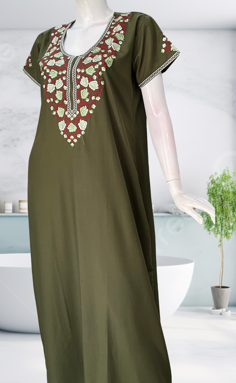 Olive Green Embroidery Soft Cotton Nighty. Soft Breathable Fabric | Laces and Frills - Laces and Frills