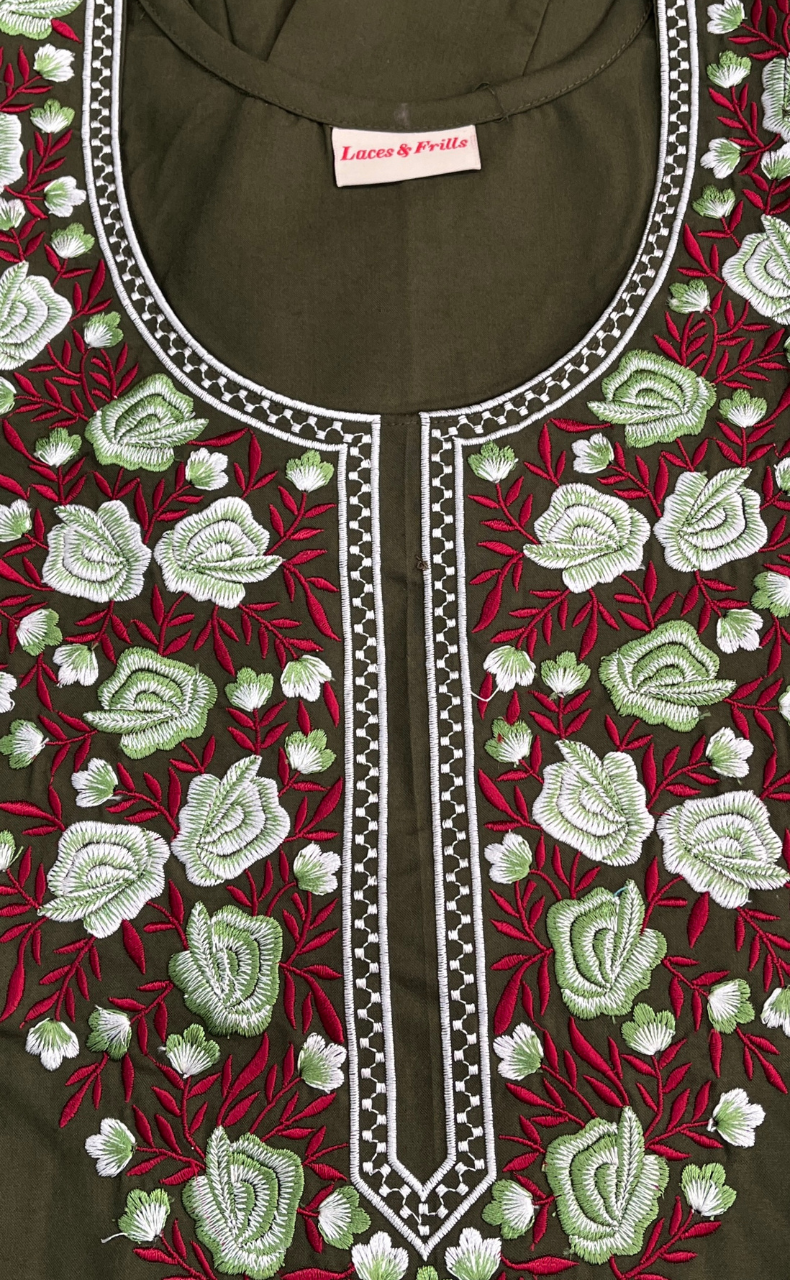 Olive Green Embroidery Soft Cotton Nighty. Soft Breathable Fabric | Laces and Frills - Laces and Frills