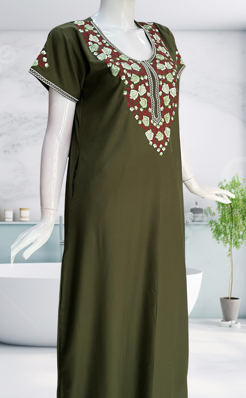 Olive Green Embroidery Soft Cotton Nighty. Soft Breathable Fabric | Laces and Frills - Laces and Frills