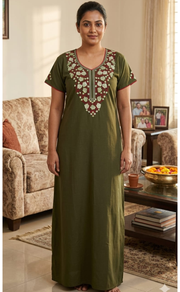 Olive Green Embroidery Soft Cotton Nighty. Soft Breathable Fabric | Laces and Frills - Laces and Frills