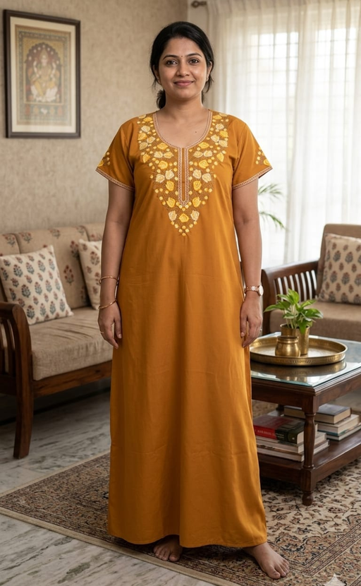 Mustard Embroidery Soft Cotton Nighty. Soft Breathable Fabric | Laces and Frills - Laces and Frills